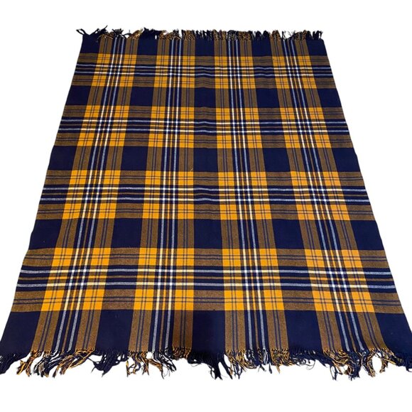 Vintage Wool Navy & Yellow Tartan Plaid Blanket Throw Fringe Stadium 66"X56" - Picture 1 of 7